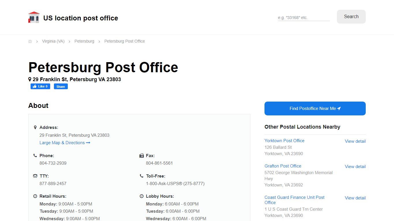 Petersburg Post Office, VA 23803 - Hours Phone Service and Location